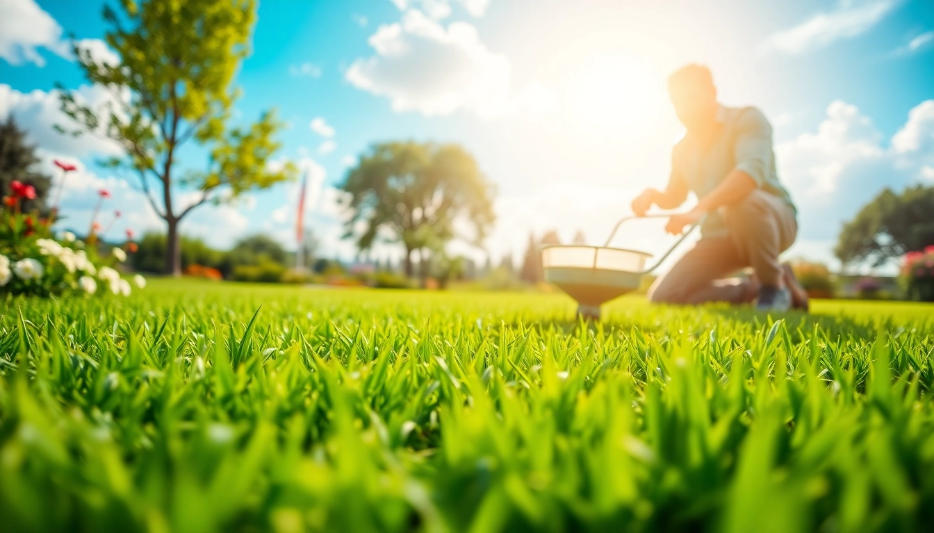 Applying lawn fertiliser Australia in a vibrant garden with lush grass.