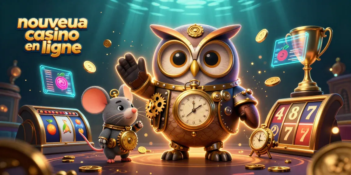 Illustration dynamique de nouveau casino en ligne avec un hibou voyageur et des éléments de machine à sous.