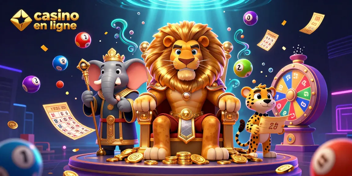 Vibrez avec casino en ligne dans cette illustration d'un roi lion et un éléphant, accompagnés d'un guépard.