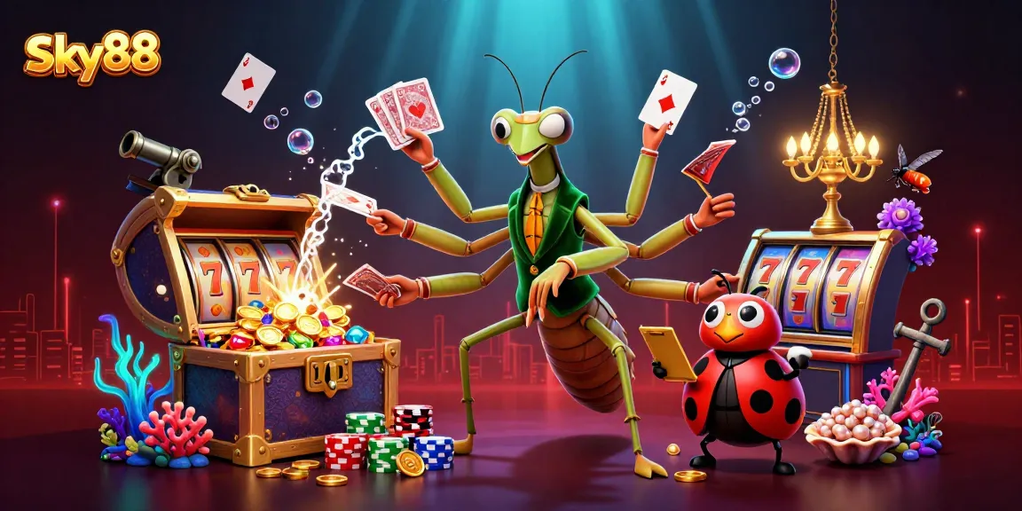 Sky88's vibrant casino illustration features a mantis card sharp, ladybug pit boss, and exciting game elements.