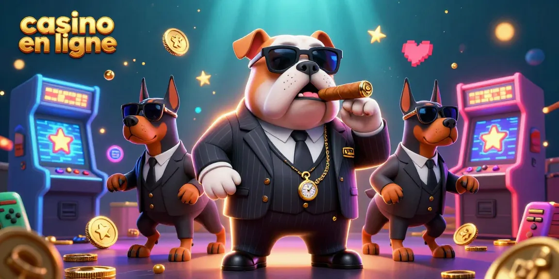 Découvrez des personnages de casino en ligne animés avec un bulldog et des Dobermans dans une scène dynamique.