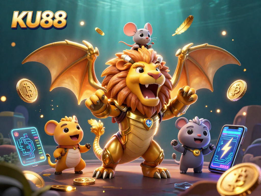 Experience casino excitement with KU88's triumphant chimera, crypto coins, and vibrant gambling elements.