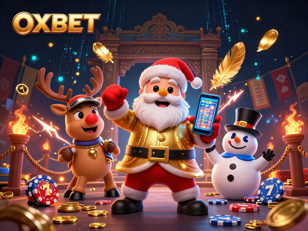 OXBET features Santa and friends in a lively casino scene with slot elements and vibrant effects