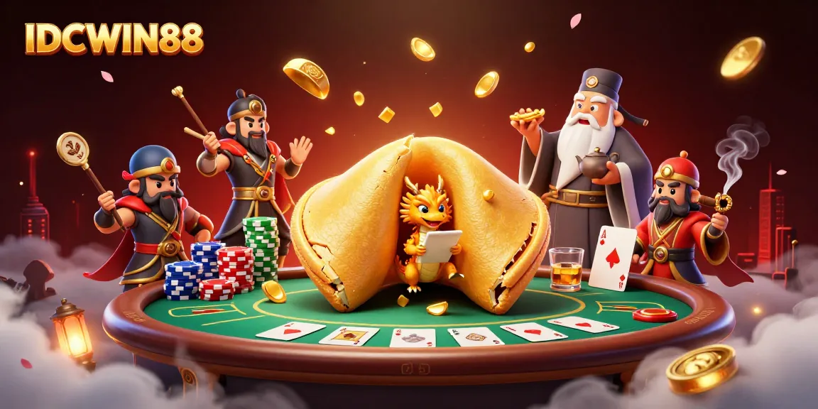 Engage with IDCWIN88's vibrant casino world, featuring a golden fortune cookie and poker elements.