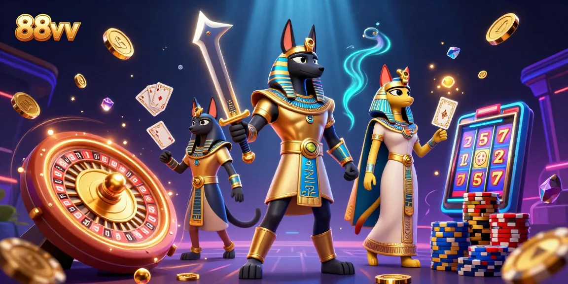Experience thrilling gameplay at 88vv with Anubis and Bastet surrounded by dynamic casino elements.