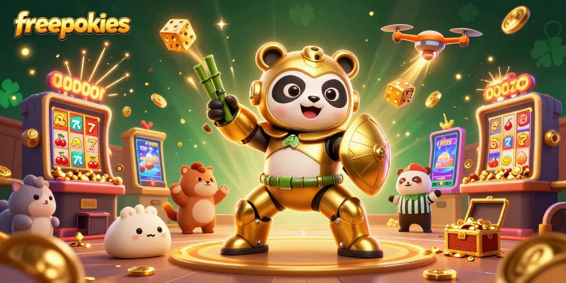 Spin the reels of freepokies in an exhilarating 3D casino illustration with vibrant characters and elements.