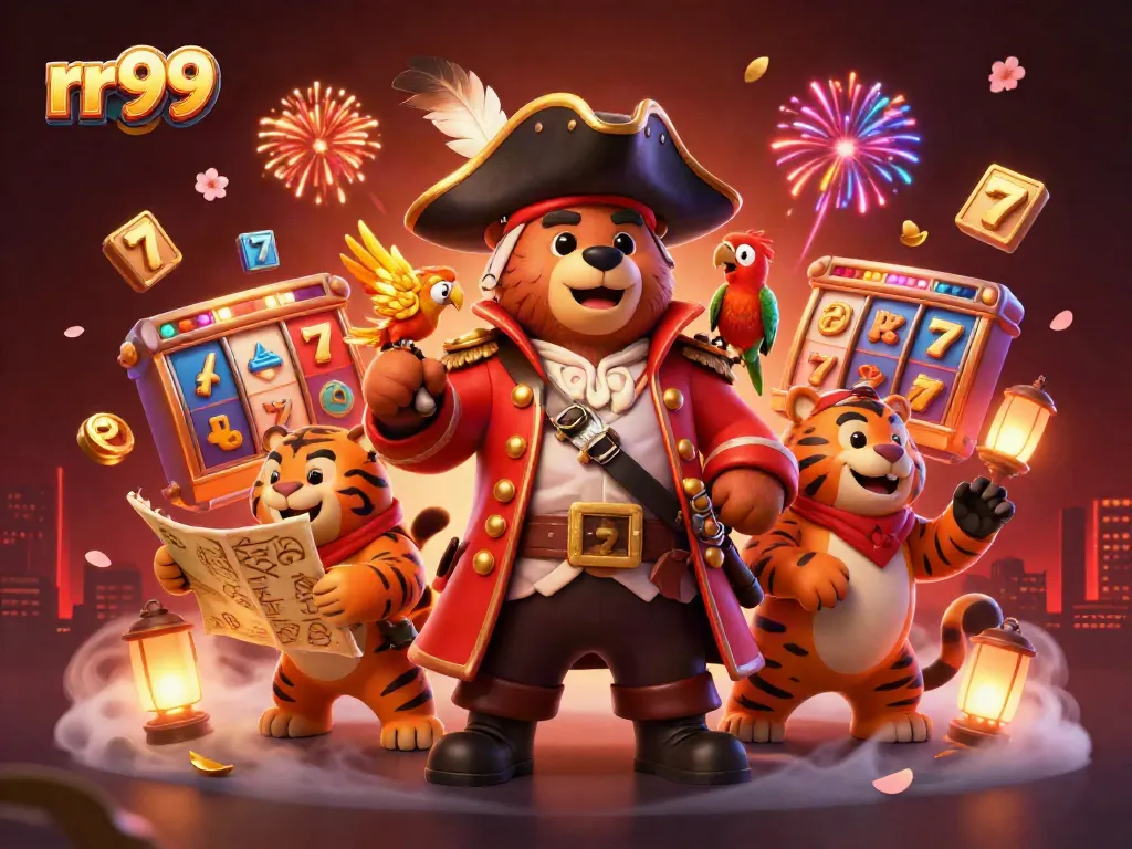 rr99 pirates celebrate a jackpot win with slots and fireworks in a vibrant casino scene