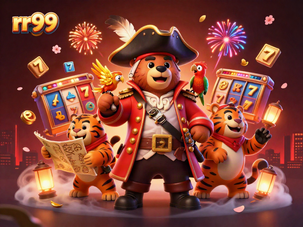 rr99 pirates celebrate a jackpot win with slots and fireworks in a vibrant casino scene