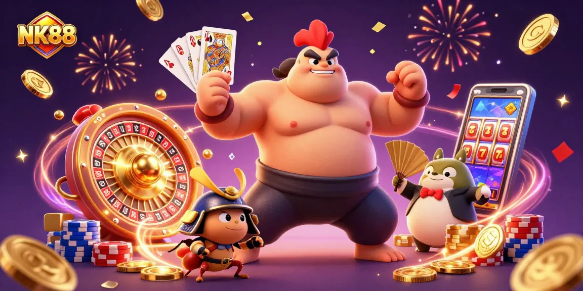 Experience excitement at NK88 with vibrant gaming characters, treasures, and casino thrills.