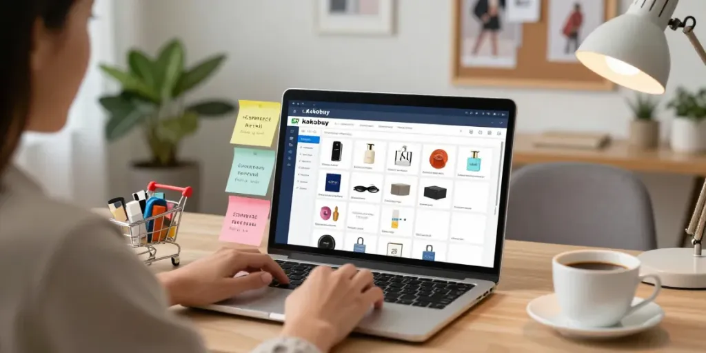 Engaged user exploring the spreadsheet kakobuy for online shopping with product images and sticky notes.
