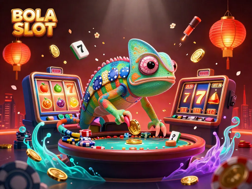 Experience BOLA SLOT gameplay with a vibrant casino scene featuring dynamic slot reels and colorful characters.