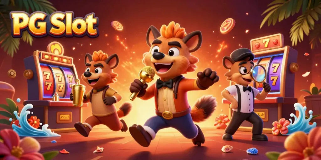 Memenangkan PG Slot di kasino digital dengan ilustrasi yang ceria dan penuh aksi.