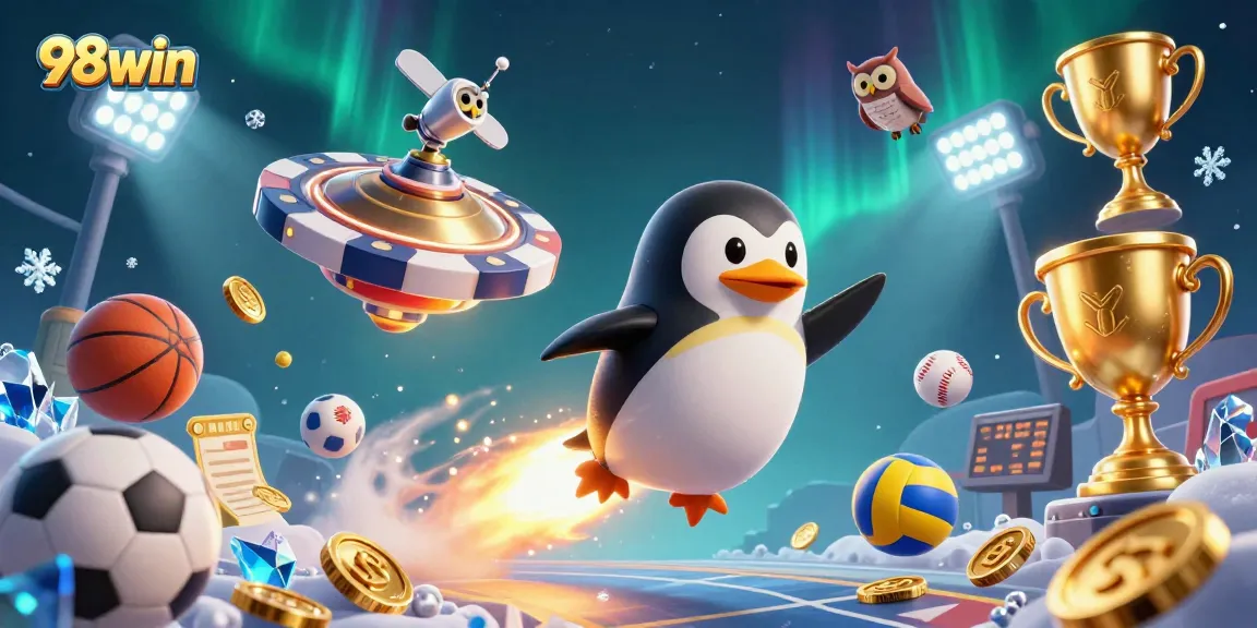 Bet on 98win and join the 3D casino adventure with a golden penguin and dynamic sports action.