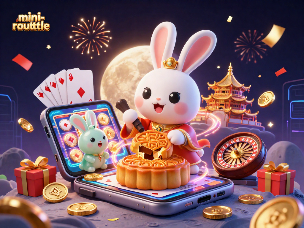 Experience mini-roulette excitement with the moon rabbit's playful scene of gaming and fortune.