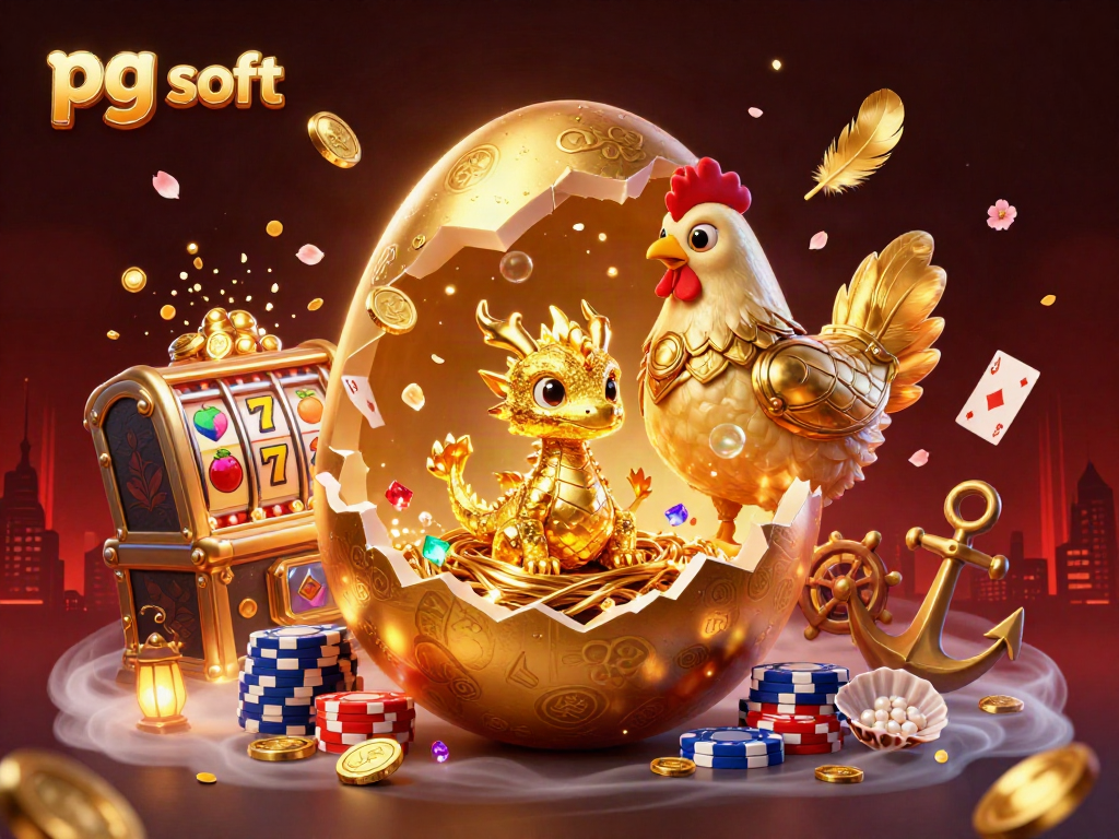 Slot permainan pg soft dengan naga emas dan poker chips menunggu kemenangan.