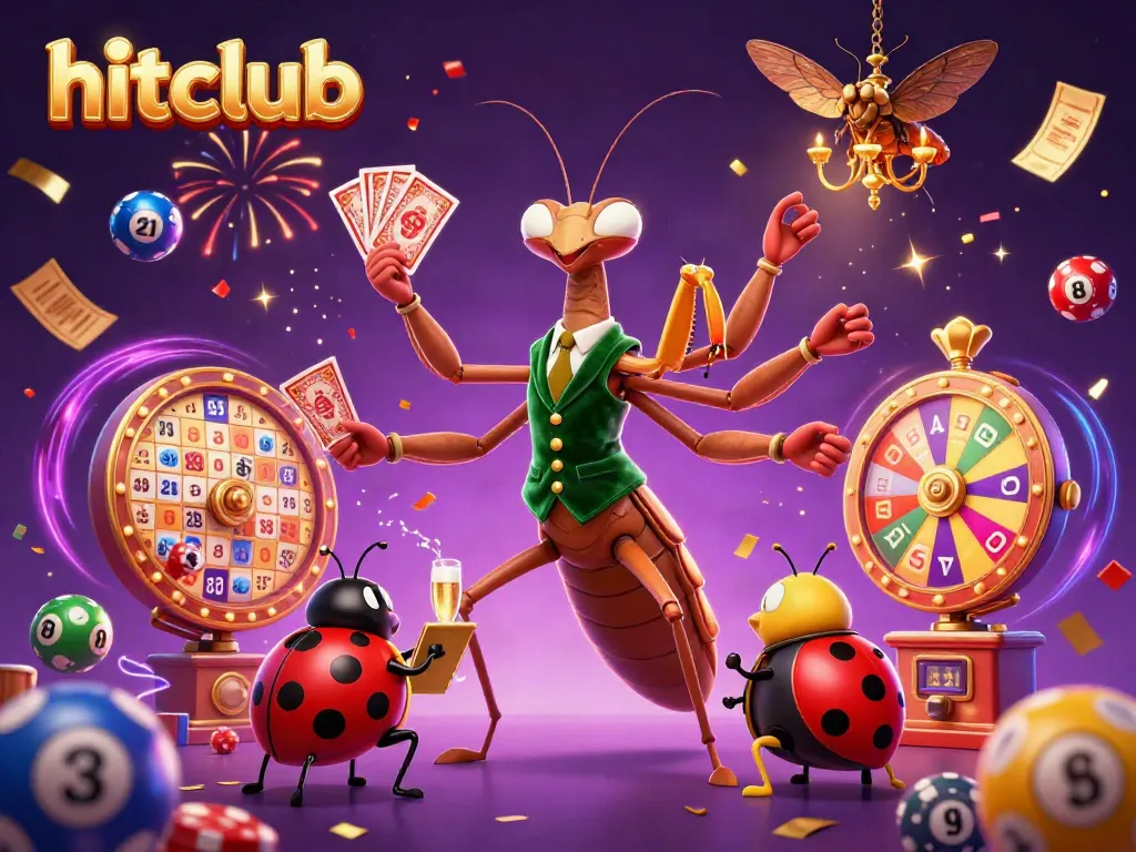 Join hitclub's exciting casino experience with vibrant games, a unique praying mantis dealer, and energy-filled scenes.