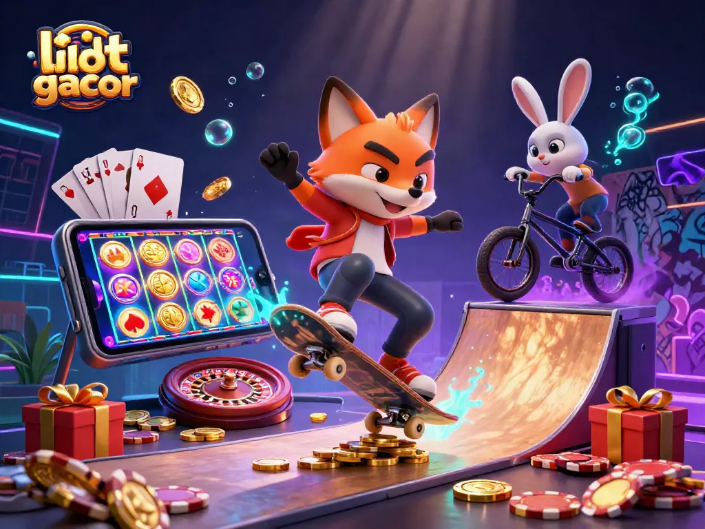 Menggali peluang di link slot gacor, ilustrasi 3D karakter yang menarik dengan tema kasino.