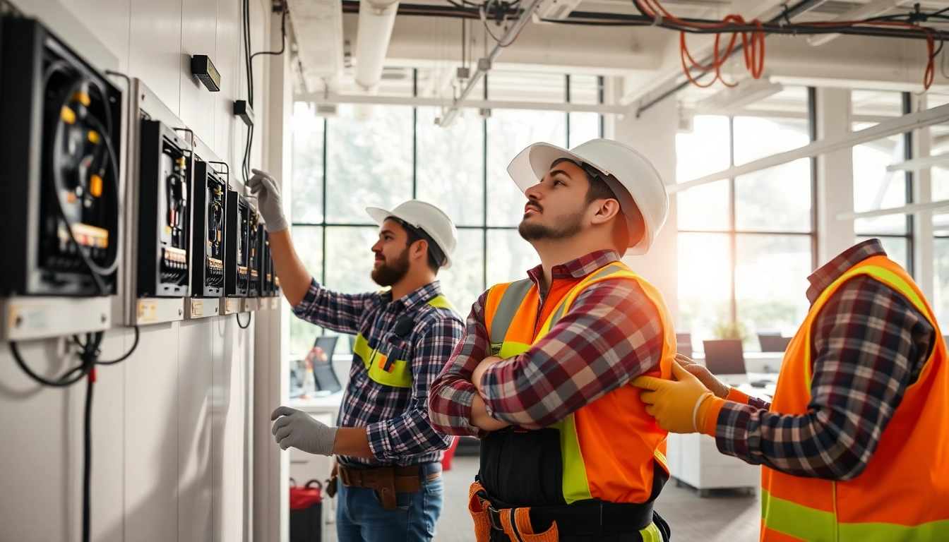 Engaging team performing commercial electrical maintenance in a modern office environment