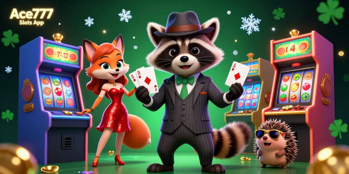 Ace777 Slots App featuring a raccoon, fox, and hedgehog celebrating around casino slot reels and game machines.