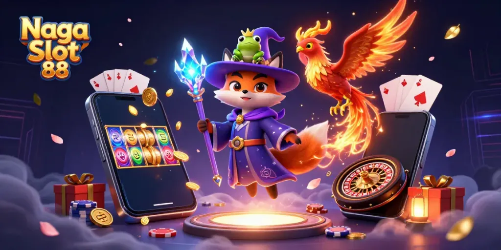 Experience the excitement of Naga Slot 88 alongside a 3D wizard fox and phoenix, capturing casino thrills!