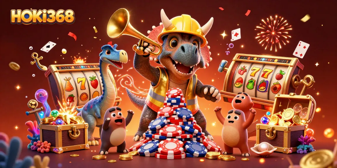Engage with the excitement of HOKI368 as a triceratops builds a poker chip pyramid amid vibrant casino elements.