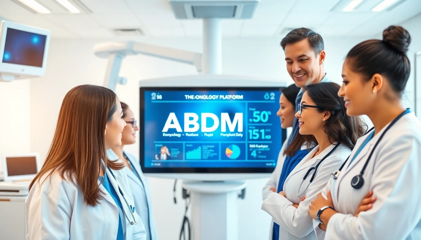 Healthcare professionals utilizing the ABDM oncology platform in a high-tech medical environment.