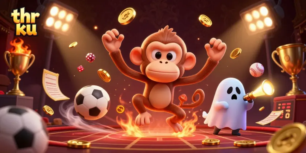 Experience thrilling gambling with thr ku in an engaging haunted casino scene featuring playful characters.