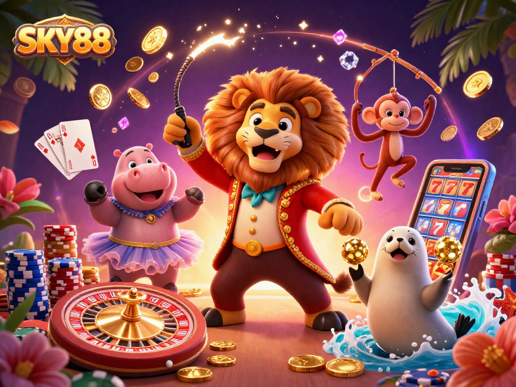 Experience thrills with SKY88 in a vibrant, engaging casino scene featuring cartoon characters and dynamic game elements.