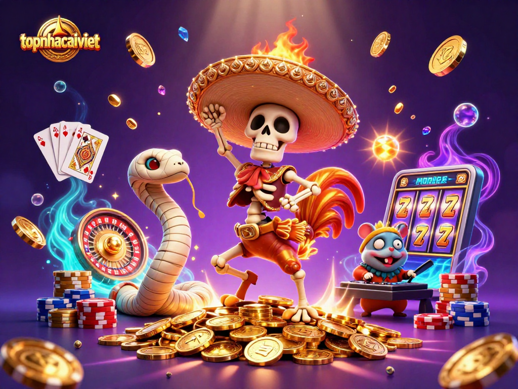 Experience thrilling wins with topnhacaiviet in an action-packed 3D casino scene featuring vibrant characters.