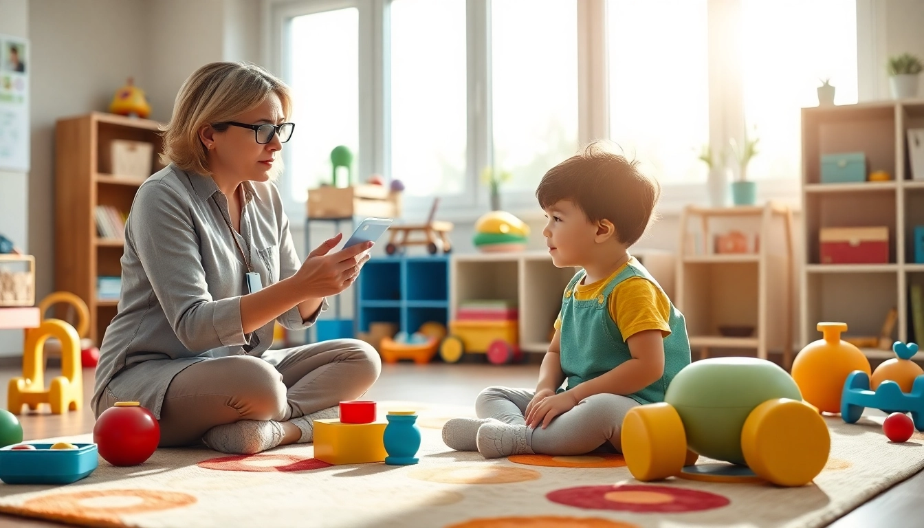 Engaging session of ABA therapy near me with supportive therapist and child in bright therapy room.