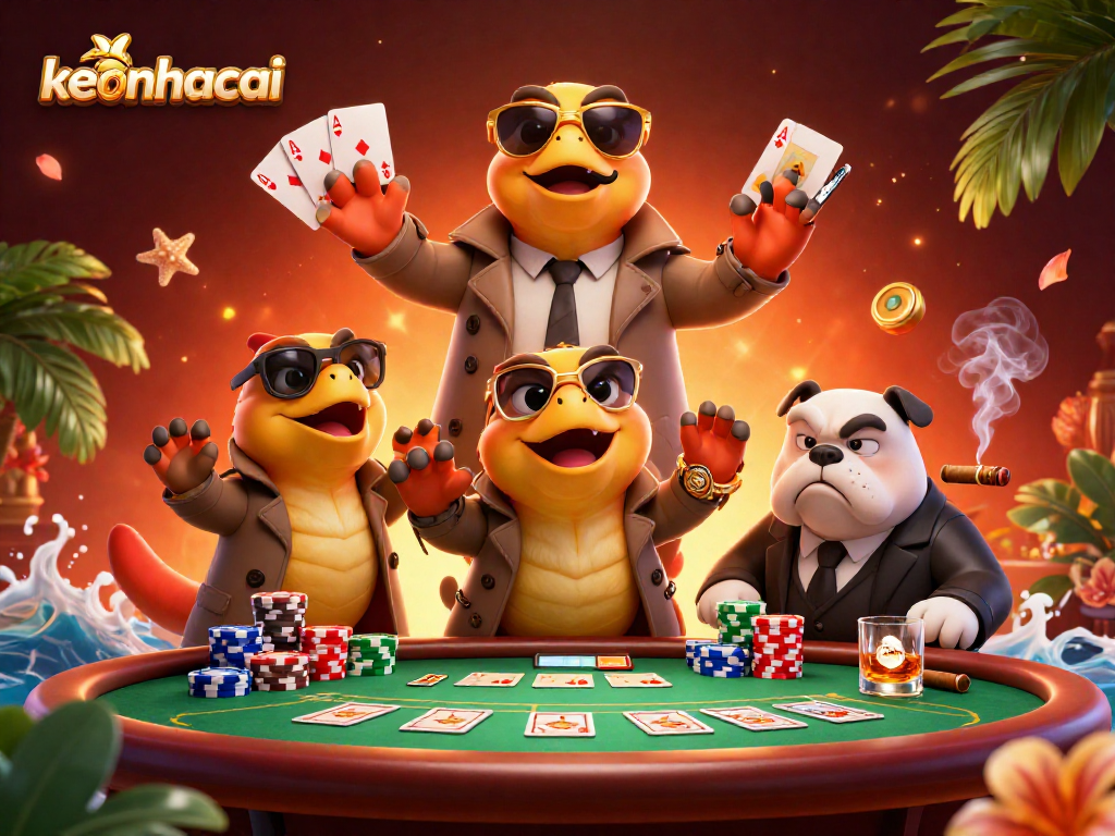Experience excitement in a casino-themed scene with keonhacai characters, poker action, and vibrant detail.
