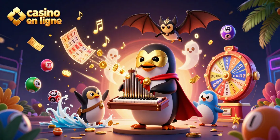 Vivez l'expérience du casino en ligne avec un pingouin jouant de l'orgue, des jeux et des lots colorés.