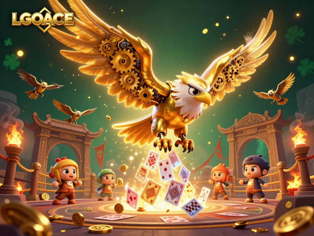LGOACE showcases an epic scene with a cybernetic eagle and drone falcons amidst glowing casino elements.