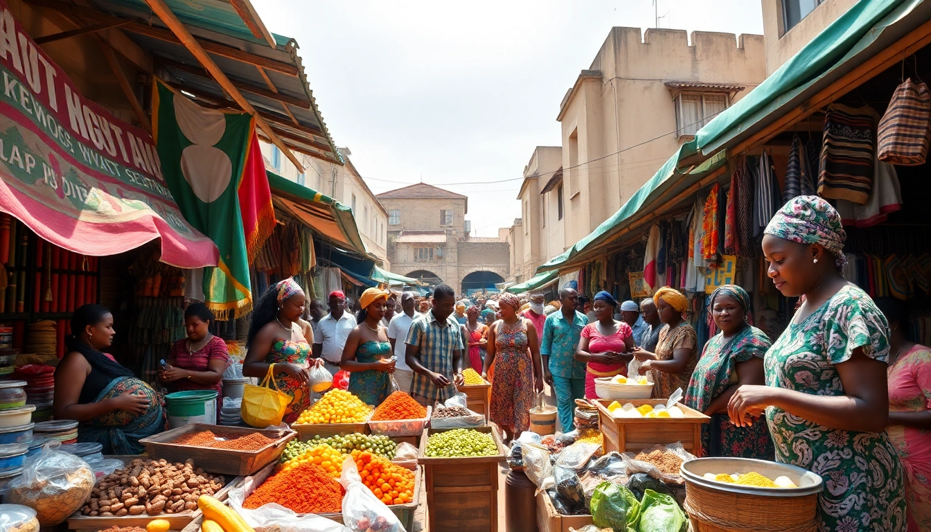 Local vendors showcasing enigeria's vibrant market culture through colorful produce and crafts.