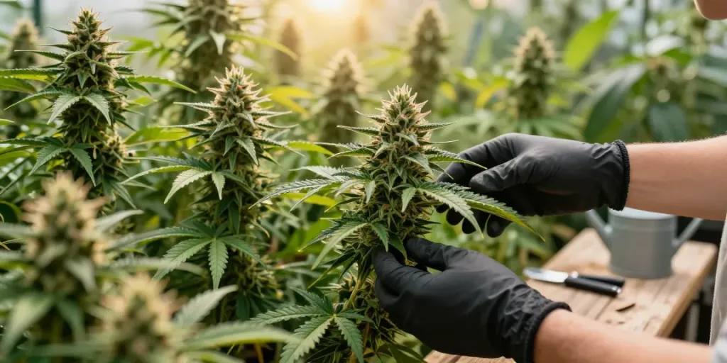 Alien Labs Brainwash cannabis flower buds in a vibrant garden.