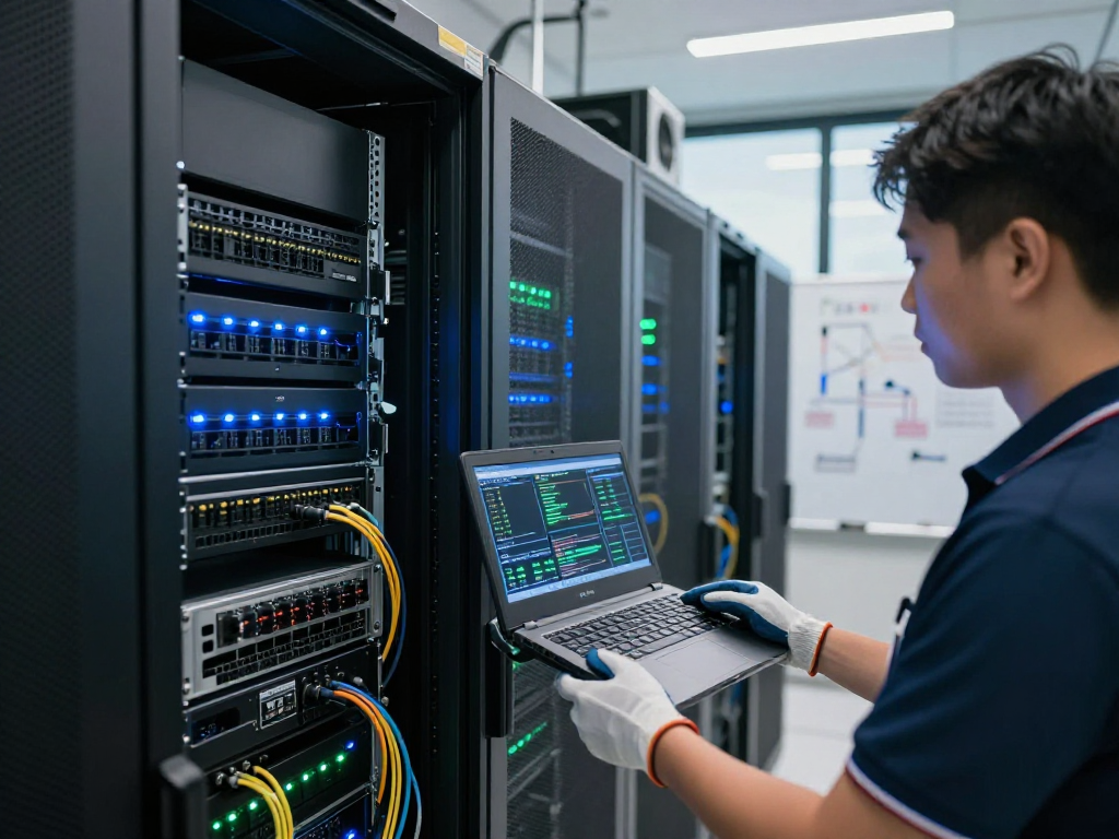 Technician examining servidores vps windows in a modern data center, showcasing server health metrics and organizational tools