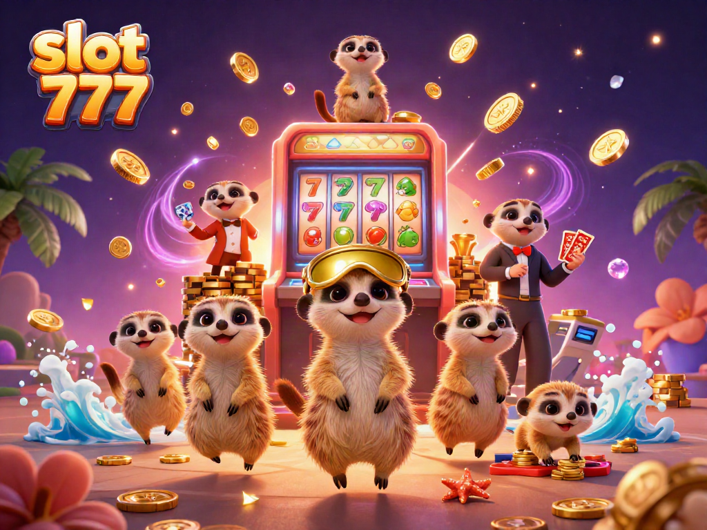 Enjoy exciting spins on slot 777 with playful meerkats in a bustling casino atmosphere.