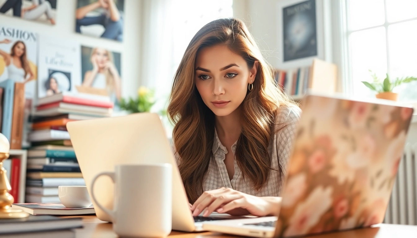 Vrouwelijk blogger van dameswereld.be die creatief werkt in een gezellige kantoorruimte.