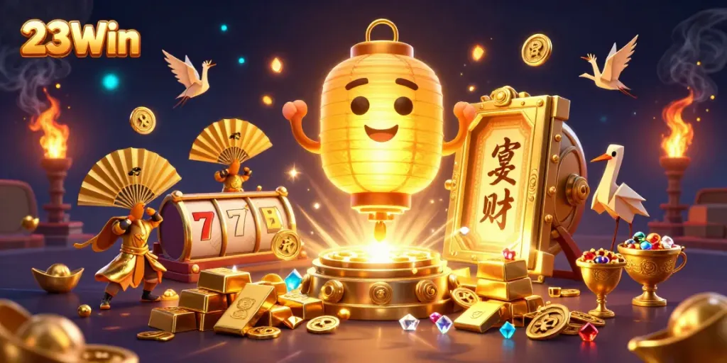 Experience the thrill of gaming at 23Win with a vibrant 3D casino illustration showcasing luck and wealth.