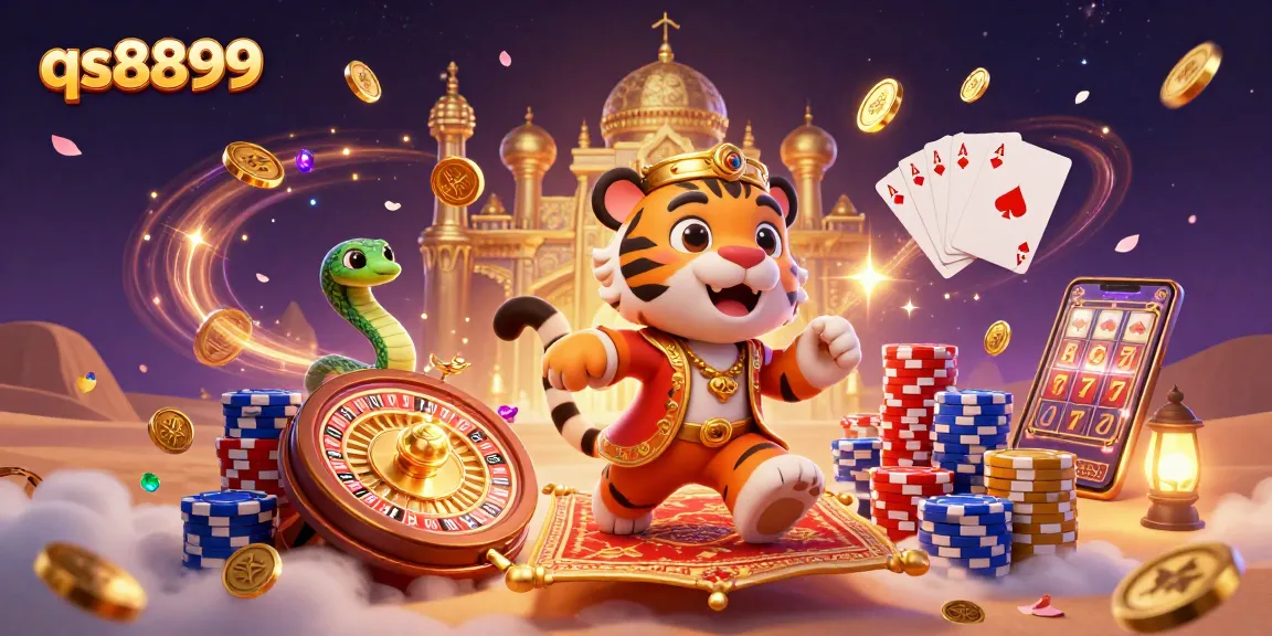 Experience the excitement of qs8899 with a dynamic 3D casino scene filled with vibrant characters and elements.