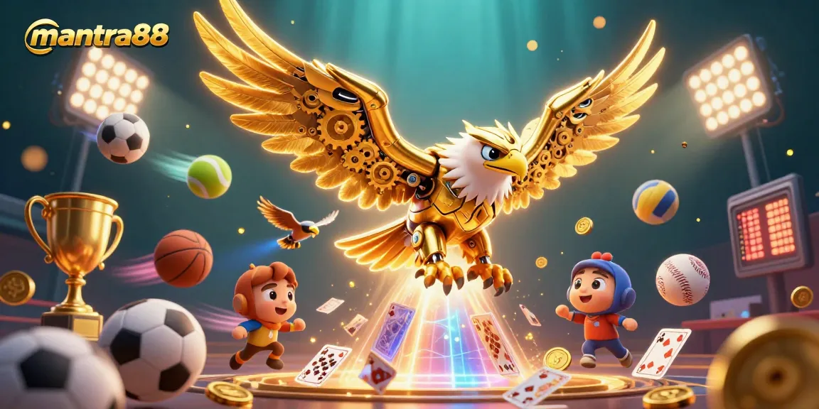 Engage with mantra88's immersive gaming experience featuring a cyber eagle amidst dynamic casino elements.