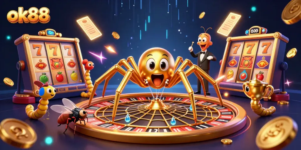 Experience the thrill of ok88 with a golden spider spinning a roulette web in a dynamic casino scene.
