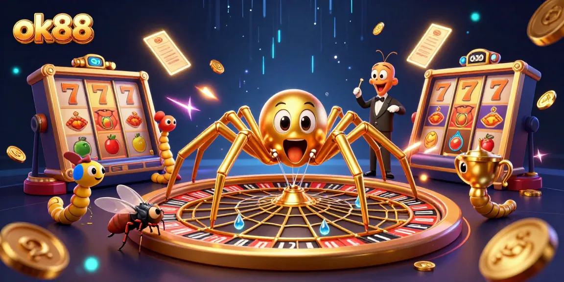 Experience the thrill of ok88 with a golden spider spinning a roulette web in a dynamic casino scene.