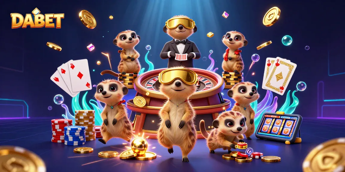 DABET casino meerkats engaging in lively gambling activities with vibrant visuals and animated elements