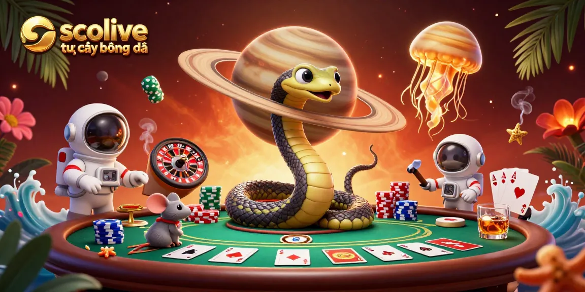 Engaging scene of socolive trực tiếp bóng đá with cartoon snake and astronaut mice betting on a cosmic roulette