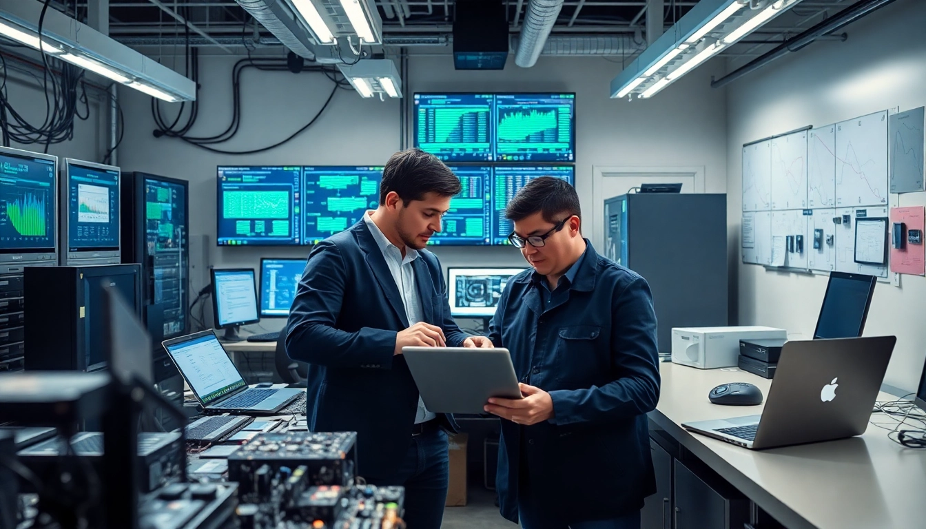 Engineers developing Manchester communication systems in a high-tech lab environment.