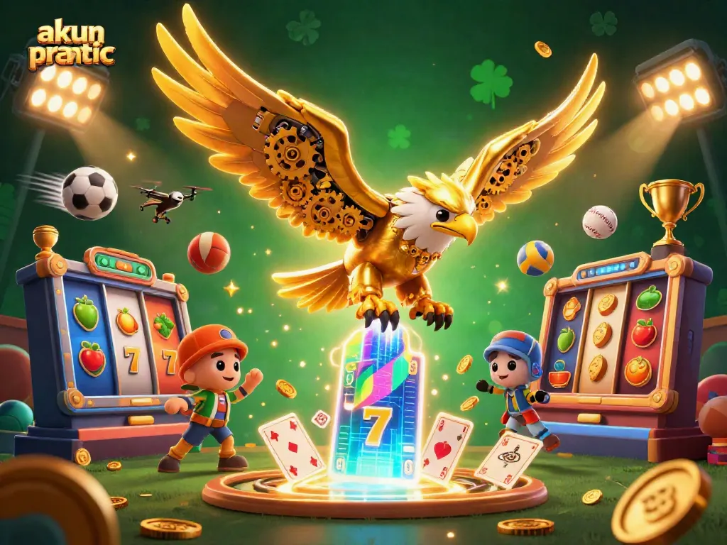 A thrilling scene showcasing akun pragmatic as a cybernetic eagle interacts with dynamic slot elements and sports balls in a vibrant casino atmosphere.