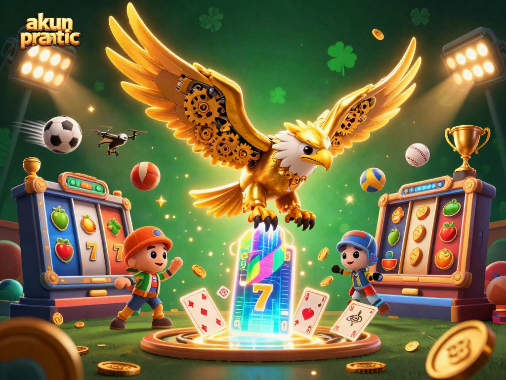 A thrilling scene showcasing akun pragmatic as a cybernetic eagle interacts with dynamic slot elements and sports balls in a vibrant casino atmosphere.