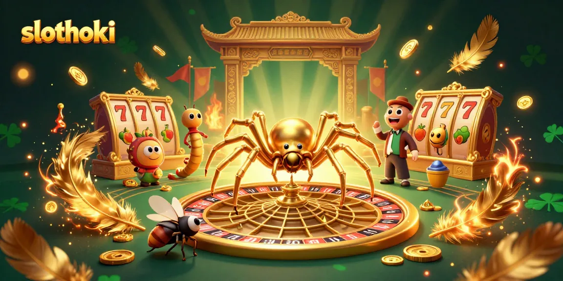 Permainan slot menarik di slothoki dengan laba-laba emas dan roda roulette.