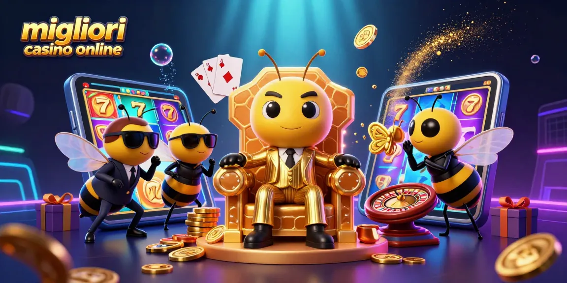 Immagine vibrante che celebra i migliori casino online con un boss ape in un trono dorato, circondato da elementi di gioco.